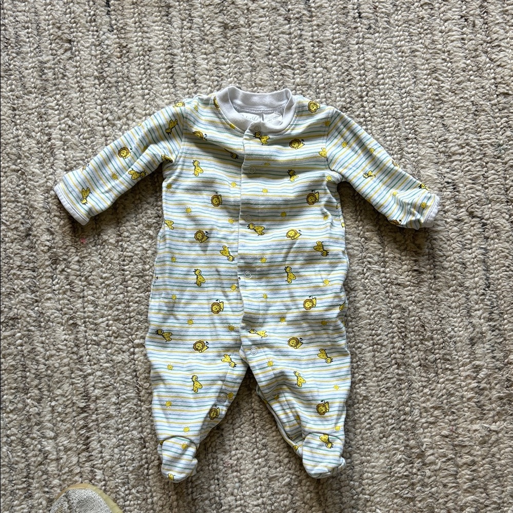 Yellow and White Striped Baby Footie with Lion Print
